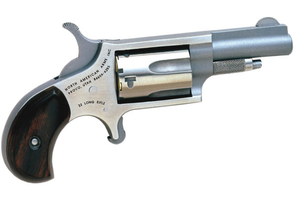 Looking for a 5-shot mini revolver? The North American Arms Rosewood Grip .22 LR Revolver gives users the ability to carry, even while the magazine is fully loaded. That's because of its unique safety cylinder. It also features stainless-steel construction with an exposed hammer and half-moon sights. Features and Benefits Compact stainless-steel frame Rosewood bird's head grip Single action with a 5-shot capacity Stainless-steel barrel and cylinder Safety cylinder for carrying the gun while fully loaded Chambers are notched halfway to keep the cylinder rotating to the next chamber after the hammer is pulled back Exposed hammer Blade front and fixed rear half-moon sights Half-cock position for loading and unloading only Specifications Action: Single Metal finish: Stainless steel Product weight: 4.6 oz. Barrel length (in.): 1.125 Handedness: Ambidextrous Grip: Rosewood Product length (in.): 4 Front sight: Blade Style: Pistol Magazine capacity: 5 Manufacturer warranty - general: Lifetime limited Rear sight: Fixed Caliber: .22 LR Rifle Ammo Type: Rimfire What's in the Box North American Arms Rosewood Grip .22 LR Revolver